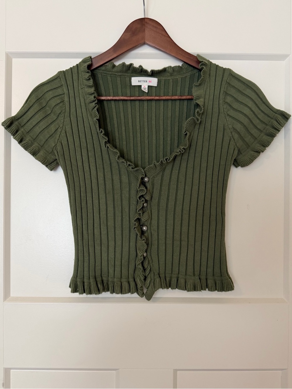 Better Be Olive Green Ruffle-Trim Ribbed Button Cardigan - Picture 2 of 8